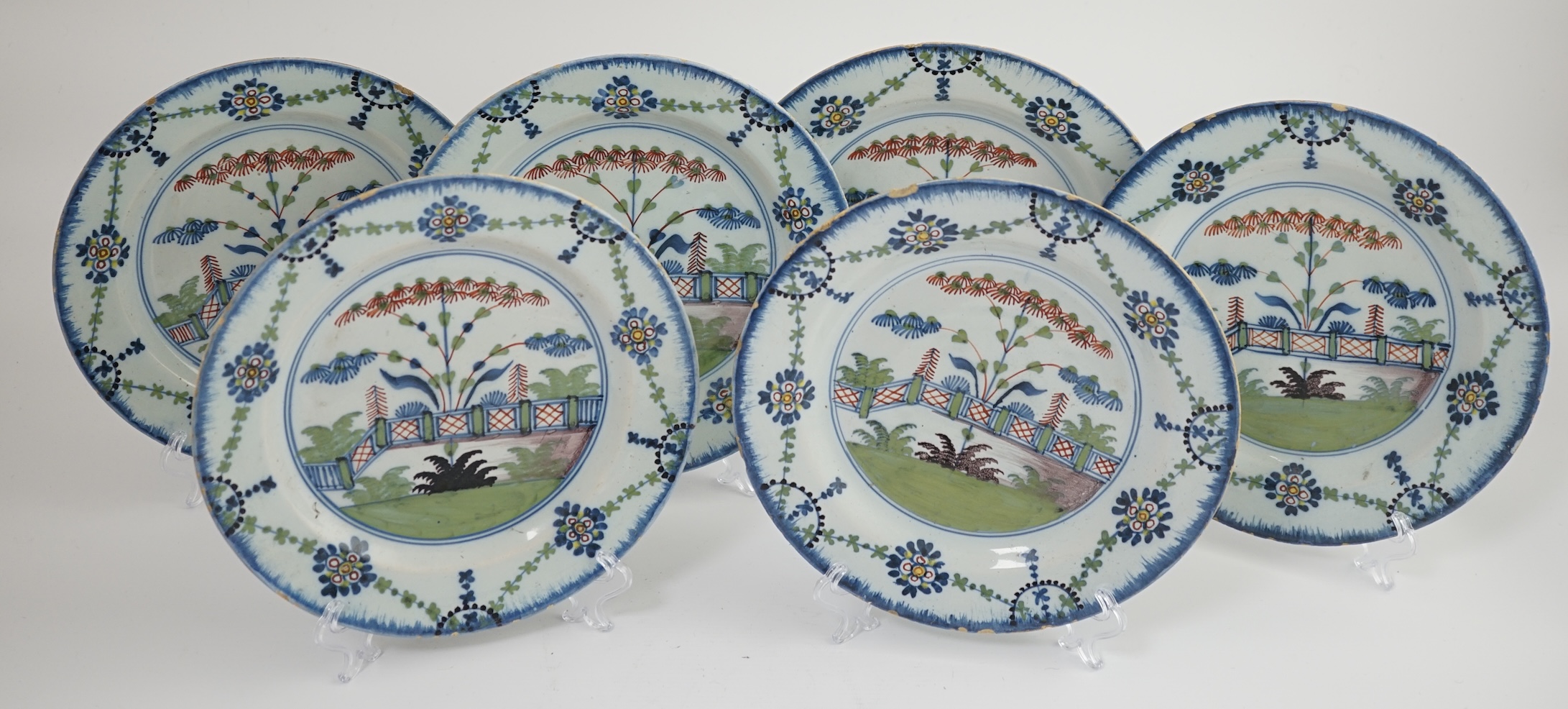 A set of six London delftware polychrome plates, late 18th century